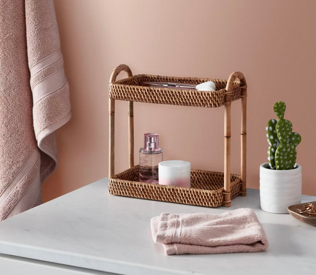 2-Tier Rattan Vanity Bathroom Tray Organizer