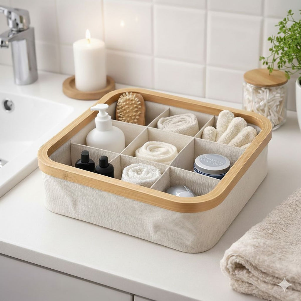 Evideco French Home Goods Square Foldable Storage Basket With Bamboo Frame and Ecru Fabric, 9-Compartment Organizer