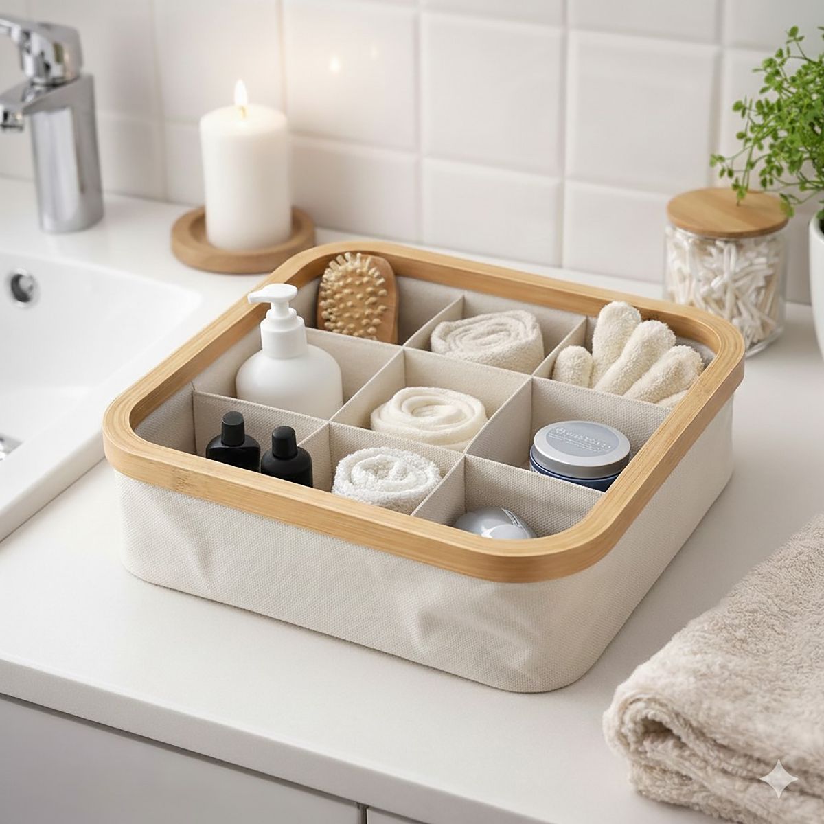 Evideco French Home Goods Square Foldable Storage Basket With Bamboo Frame and Ecru Fabric, 9-Compartment Organizer