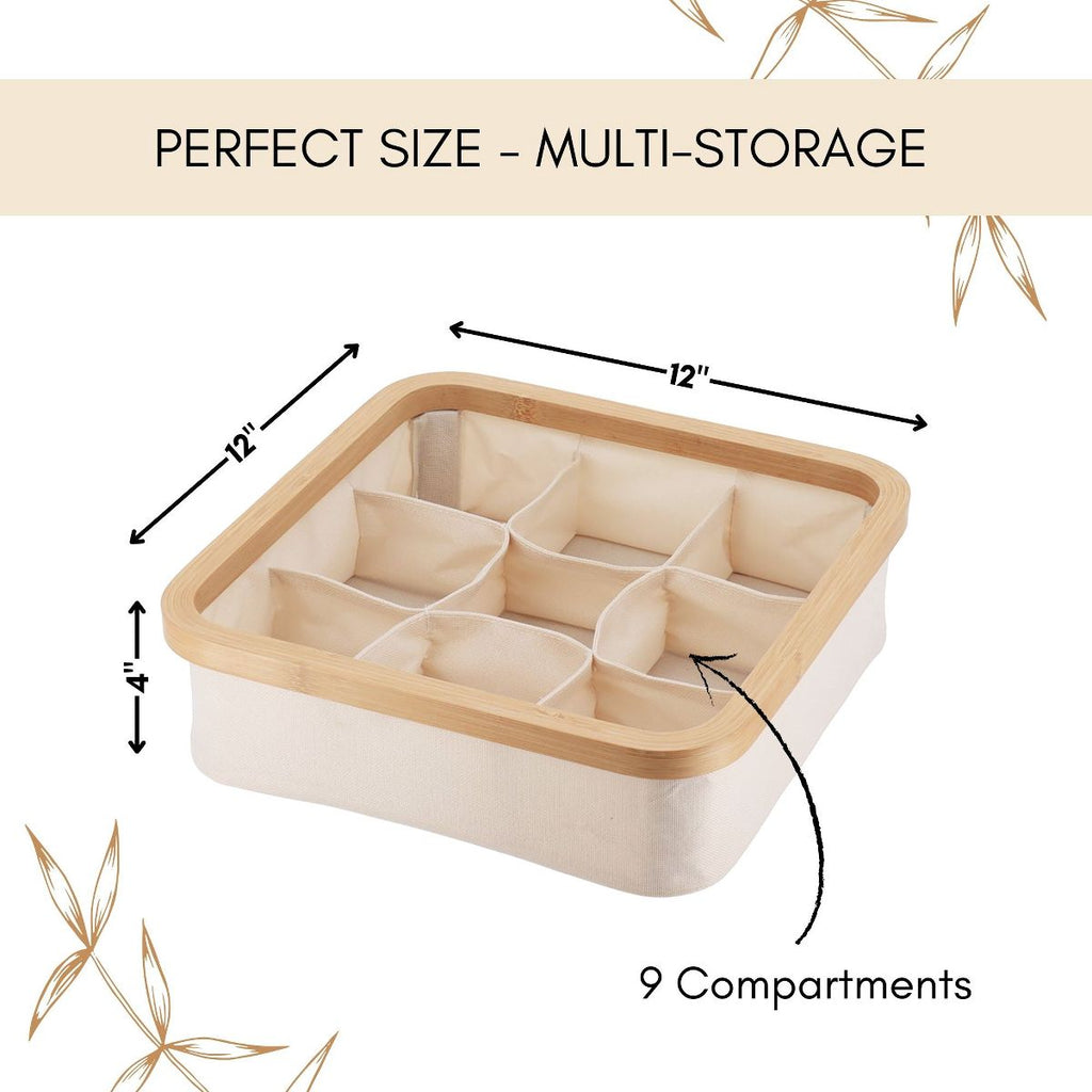 Evideco French Home Goods Square Foldable Storage Basket With Bamboo Frame and Ecru Fabric, 9-Compartment Organizer