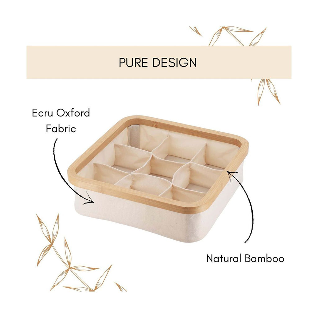 Evideco French Home Goods Square Foldable Storage Basket With Bamboo Frame and Ecru Fabric, 9-Compartment Organizer