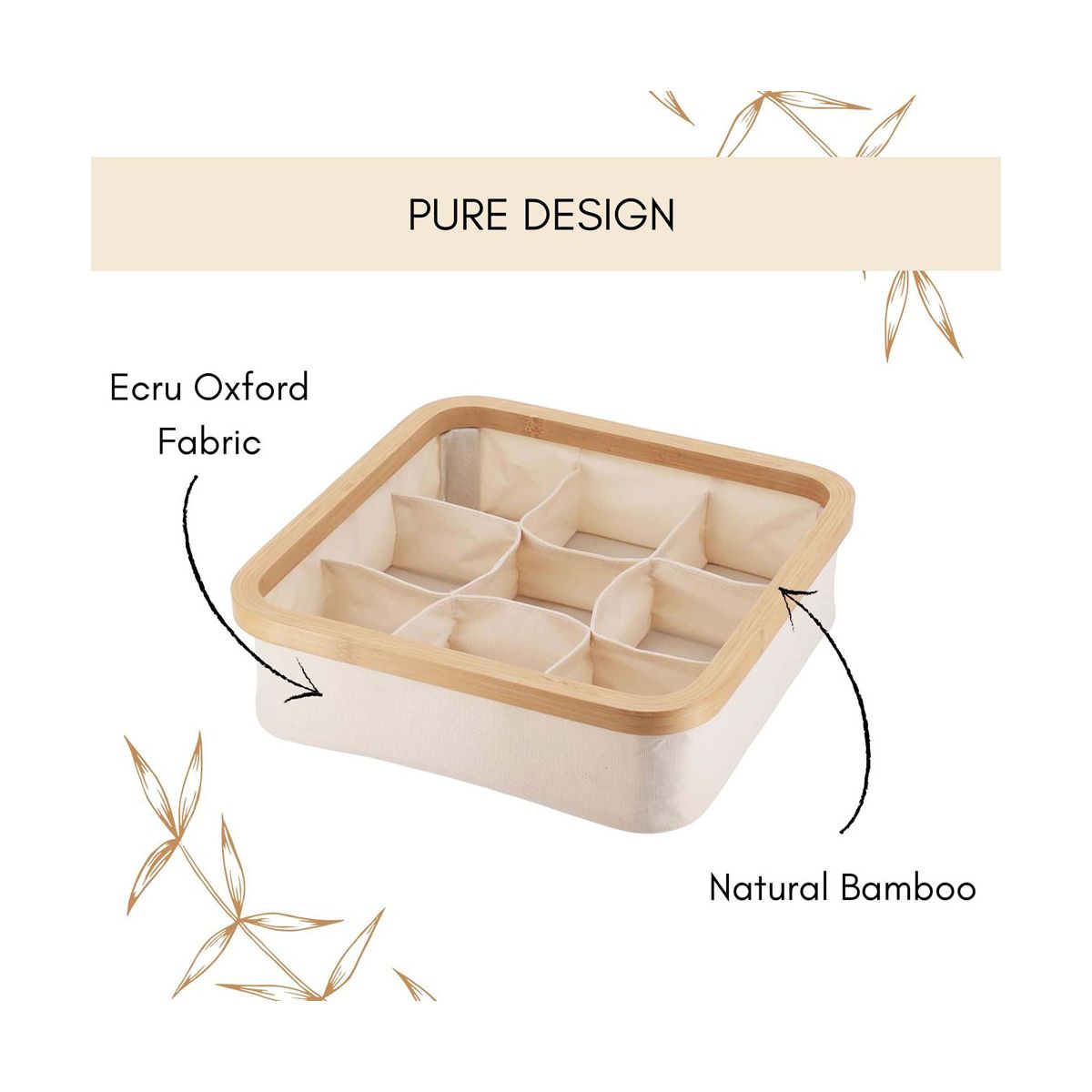 Evideco French Home Goods Square Foldable Storage Basket With Bamboo Frame and Ecru Fabric, 9-Compartment Organizer