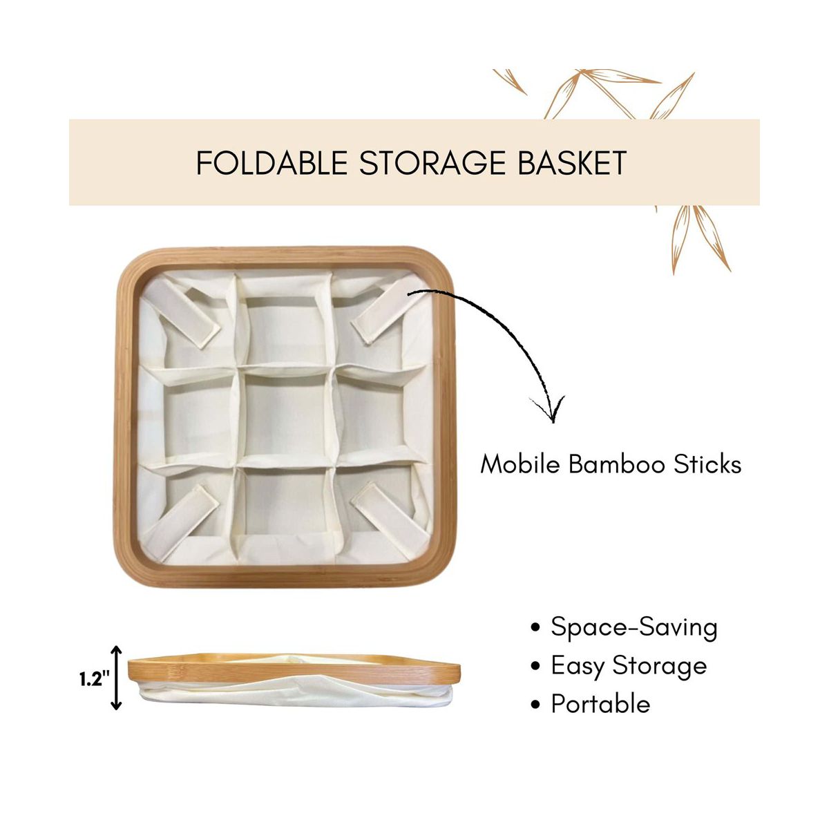 Evideco French Home Goods Square Foldable Storage Basket With Bamboo Frame and Ecru Fabric, 9-Compartment Organizer