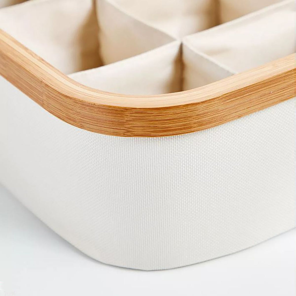 Evideco French Home Goods Square Foldable Storage Basket With Bamboo Frame and Ecru Fabric, 9-Compartment Organizer