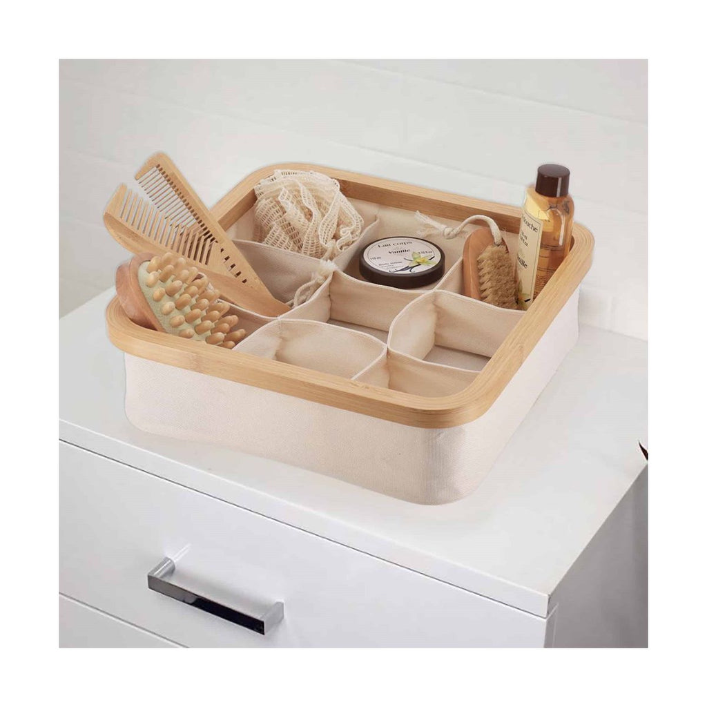 Evideco French Home Goods Square Foldable Storage Basket With Bamboo Frame and Ecru Fabric, 9-Compartment Organizer