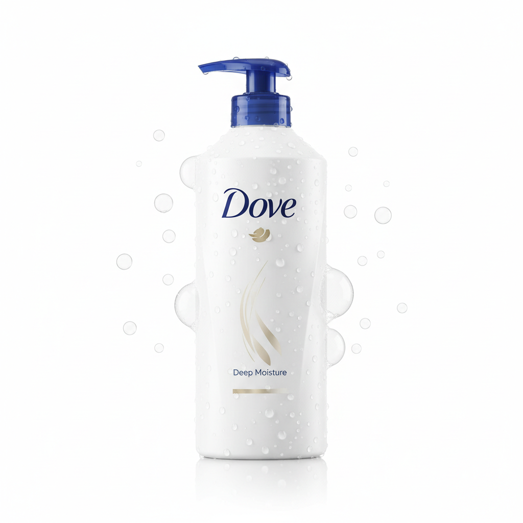 Dove Deep Moisture Body Wash with water droplets and bubbles