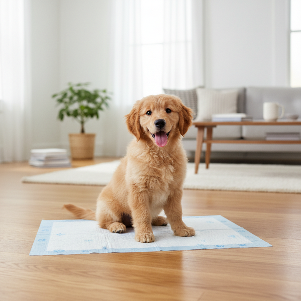 Happy puppy sitting on training pee pad on hardwood floor