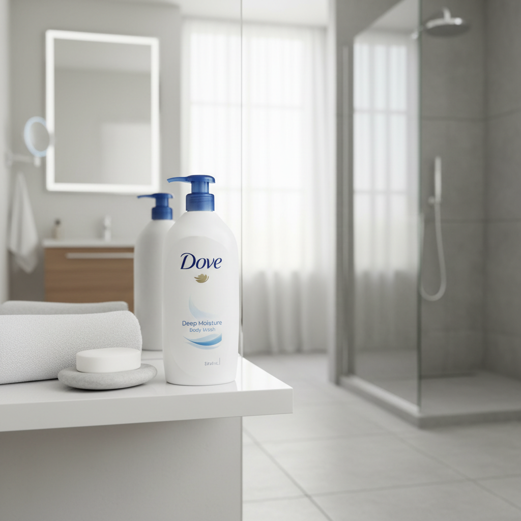 Dove Deep Moisture Body Wash lifestyle shot in bathroom
